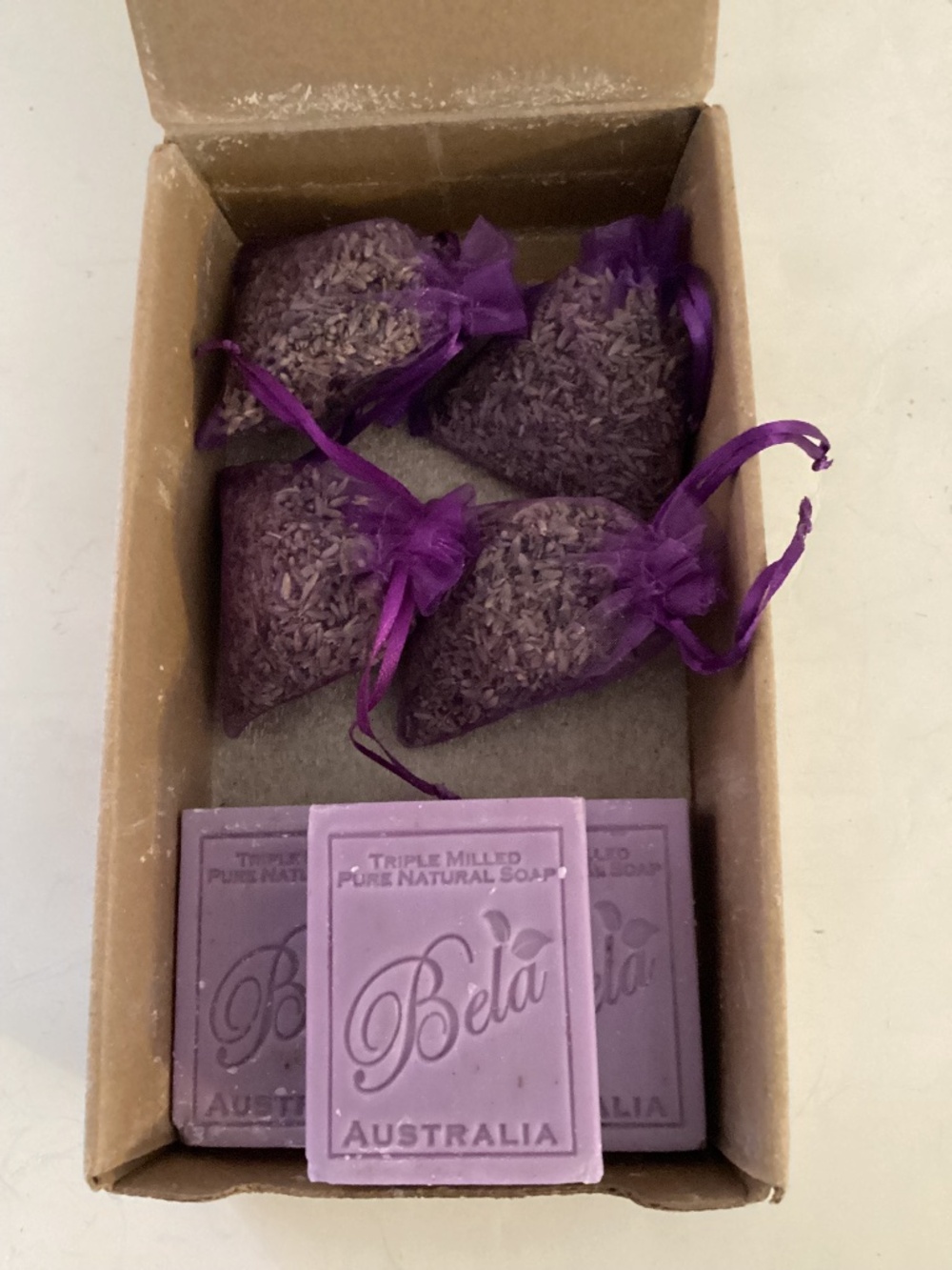 3 Bars Bela 3.3 oz. Lavendar Soap and 4 Lavendar .5 oz. Bud Sachets